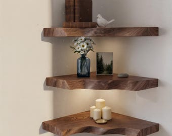 Handgemaakte massief houten zwevende plank - levende rand zwevende walnoothouten hoekplanken - houten minnaar cadeau - rustieke teak wortel houten hoekplank