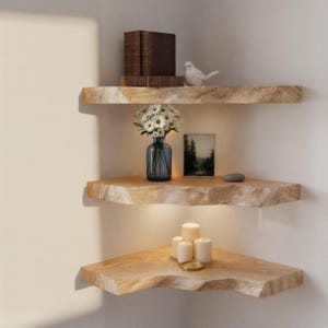 May include: Three wooden corner shelves mounted on a white wall, each holding decorative items. The top shelf has books and a white bird figurine. The middle shelf displays a vase of flowers and a small painting. The bottom shelf features candles.