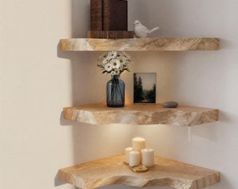 Handmade Solid Wood Floating Shelf - Live Edge Floating Walnut Wood Corner Shelves - Wooden Lover Gift - Rustic Teak Root Wood Corner Shelf