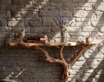 May include: A rustic wooden shelf with a natural tree branch design, mounted on a stone wall. The shelf holds books, a bird figurine, a vase of flowers, and a mug. The wood has a warm, natural tone.