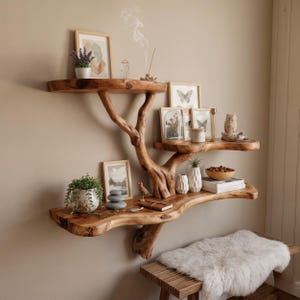 Op de afbeelding: Een unieke, houten boomvormige plankeneenheid met drie niveaus. De planken tonen ingelijste kunst, planten, kaarsen en decoratieve objecten. De natuurlijke houtnerf en organische vorm creëren een rustieke, door de natuur geïnspireerde esthetiek.
