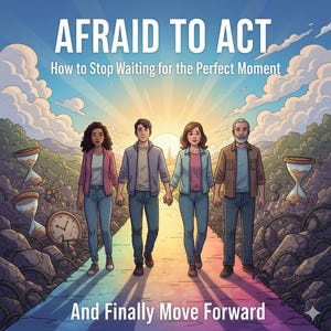 Puede incluir: Ilustración de cuatro personas caminando juntas por un camino, tomadas de la mano. El texto "AFRAID TO ACT" y "How to Stop Waiting for the Perfect Moment" están en la parte superior, y "And Finally Move Forward" en la inferior. El fondo presenta una puesta de sol y relojes de arena.