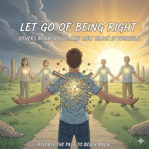 May include: An illustration depicts a person facing away, releasing negative emotions. The image includes text that reads "LET GO OF BEING RIGHT" and "RELEASE THE PAST TO BEGIN ANEW." Other figures stand with open arms, and the background features a sunset and a path.
