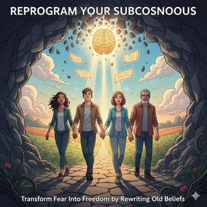 May include: An illustration shows four people walking on a stone path. Above them, a brain illustration is surrounded by text that reads "REPROGRAM YOUR SUBCOSNOOUS". The text "Transform Fear Into Freedom by Rewriting Old Beliefs" is at the bottom of the image.