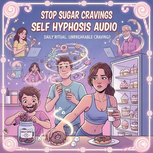 May include: Illustration promoting self-hypnosis audio for sugar cravings. The image shows a family surrounded by sweets, with text reading "Stop Sugar Cravings Self Hypnosis Audio." A woman holds a coffee cup, and a child eats cookies.