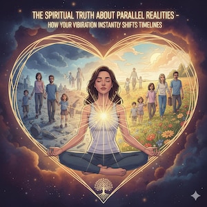 May include: An illustration with the text "THE SPIRITUAL TRUTH ABOUT PARALLEL REALITIES - HOW YOUR VIBRATION INSTANTLY SHIFTS TIMELINES". A woman meditates inside a heart-shaped frame, with people walking in the background. The image has a spiritual theme.