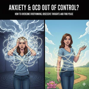 May include: An illustration depicting a woman experiencing anxiety, with swirling lines around her head, contrasted with a serene image of the same woman. The text reads: "ANXIETY & OCD OUT OF CONTROL? HOW TO OVERCOME OVERTHINKING, OBSESSIVE THOUGHTS AND FIND PEACE."