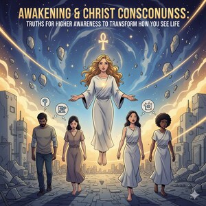 Può includere: Illustrazione digitale con il testo "AWAKENING & CHRIST CONSCONUNSS: TRUTHS FOR HIGHER AWARENESS TO TRANSFORM HOW YOU SEE LIFE." Una donna in abito bianco fluttua sopra quattro persone che camminano verso l'osservatore. Lo sfondo raffigura una città e un cielo stellato.