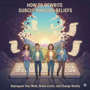 Op de afbeelding: Een illustratie toont vier mensen die op een toetsenbord naar een heldere hemel lopen. De afbeelding bevat de tekst "HOW TO REWRITE SUBCONSCIOUS BELIEFS" en "Herprogrammeer je geest, doorbreek grenzen en verander de realiteit."