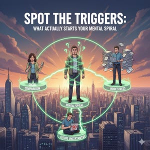 May include: An illustration shows a cityscape with figures representing mental health triggers. Text reads "SPOT THE TRIGGERS: WHAT ACTUALLY STARTS YOUR MENTAL SPIRAL." The triggers are social comparison, work stress, and future uncertainty, linked by green lines.