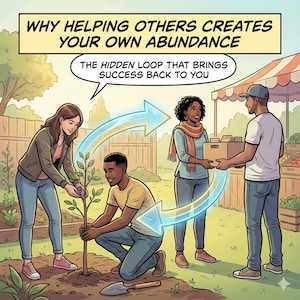 Puede incluir: Ilustración estilo cómic con el texto "WHY HELPING OTHERS CREATES YOUR OWN ABUNDANCE." Se muestra a personas plantando un árbol e intercambiando bienes. La imagen transmite un mensaje sobre la comunidad y el apoyo mutuo.