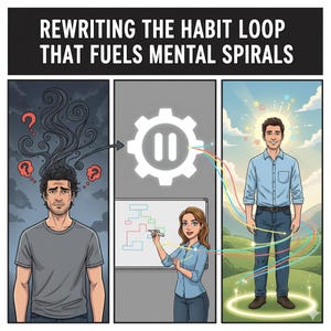 May include: An illustrated graphic with the text "Rewriting the Habit Loop That Fuels Mental Spirals." The image shows a man with dark hair and question marks, a woman drawing on a whiteboard, and a man in a blue shirt in a sunny field.