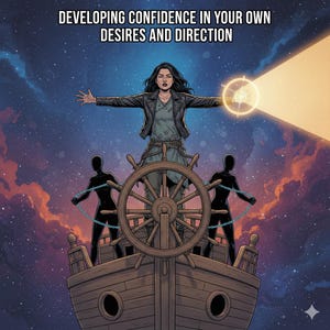 May include: An illustration depicts a woman standing at the helm of a ship, arms outstretched, with a glowing light emanating from her. Two silhouetted figures hold chains. The text at the top reads, "DEVELOPING CONFIDENCE IN YOUR OWN DESIRES AND DIRECTION."
