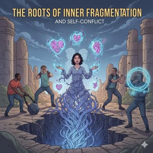 Puede incluir: Ilustración con el texto "THE ROOTS OF INNER FRAGMENTATION AND SELF-CONFLICT". Una mujer está en el centro, rodeada de figuras y corazones flotantes. La mujer está conectada a raíces azules. El fondo presenta ruinas antiguas.