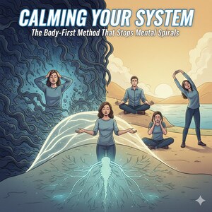 May include: An illustration with the text "CALMING YOUR SYSTEM" and "The Body-First Method That Stops Mental Spirals." The image shows people in different states of relaxation and stress, with a central figure radiating energy.