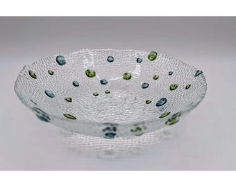 Bol de vidrio artístico con textura de burbujas y lunares, azul verdoso y transparente, soplado a mano, 17 cm (6,75 pulgadas)