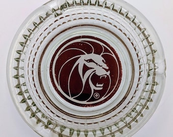 Vintage MGM Grand Casino Glass Ashtray Maroon Lion Logo Hobnail