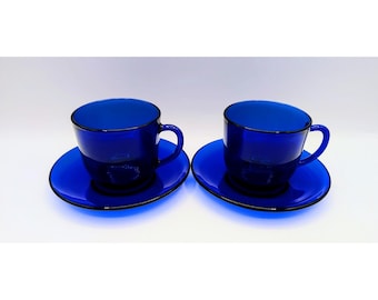 Zestaw 2 filiżanek i spodków ze szkła kobaltowego Vereco France Vintage MCM