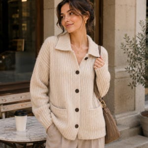 Puede incluir: Un cárdigan de punto acanalado en color beige con cuello, mangas largas y cierre frontal de cinco botones de color marrón oscuro. La prenda incluye dos bolsillos delanteros y se lleva con un bolso de hombro de color marrón con correa.