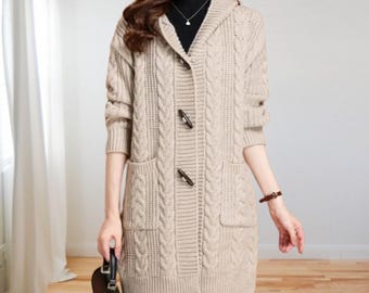 Cardigã de tricô com capuz para mulheres: Suéter folgado de inverno