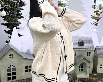 Retro Star  Cable Knit Cardigan Folklore Inspired Sweater, Cream Color With Silver Embroidered Star