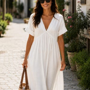 Vestido largo bohemio de lino y algodón / Vestido de verano holgado con cuello en V para mujer, ideal para uso diario.