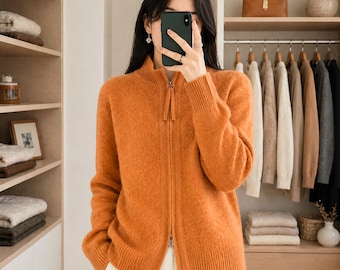 Cardigan en laine à fermeture éclair pour femmes - Vêtements d'extérieur ample pour femmes