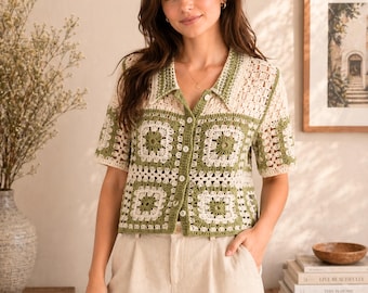 Cárdigan de ganchillo estilo abuela, top de punto bohemio con botones, blusa de verano vintage