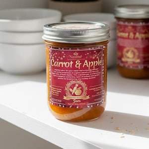 May include: A jar of Carrot & Apple jam with a silver lid and a red label. The label features the text "Carrot & Apple" and a graphic of an apple and carrot. The jar is on a white shelf with other jars and white bowls.