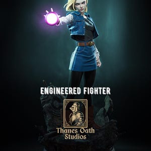 May include: A collectible figurine of a blonde character wearing a blue denim vest, a black top, a blue denim skirt, and brown boots. The character holds a glowing purple energy sphere in one hand. Text reads ENGINEERED FIGHTER and Thanes Oath Studios.