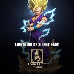 May include: A detailed statue of a character with spiky blonde hair, wearing a purple outfit, and blue wristbands. The figure is surrounded by blue lightning effects. The text "LIGHTNING OF SILENT RAGE" and "Thanes Oath Studios" are visible.