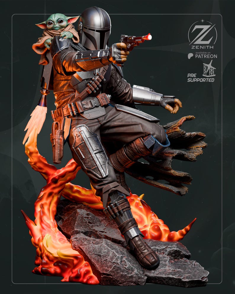 K&ouml;nnte beinhalten: Detaillierte Figur von The Mandalorian, in dunkler R&uuml;stung, mit einem Blaster zielend. Grogu, das Kind, sitzt auf seiner Schulter. Die Basis zeigt feurige orange und gelbe Flammen. Das Zenith-Logo und Text sind sichtbar.