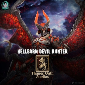 Puede incluir: Ilustración digital de una criatura demoníaca con alas, cuernos y armadura rojos y negros. El texto "HELLBORN DEVIL HUNTER" se muestra de forma destacada. La imagen también incluye el logotipo de Thanes Oath Studios.