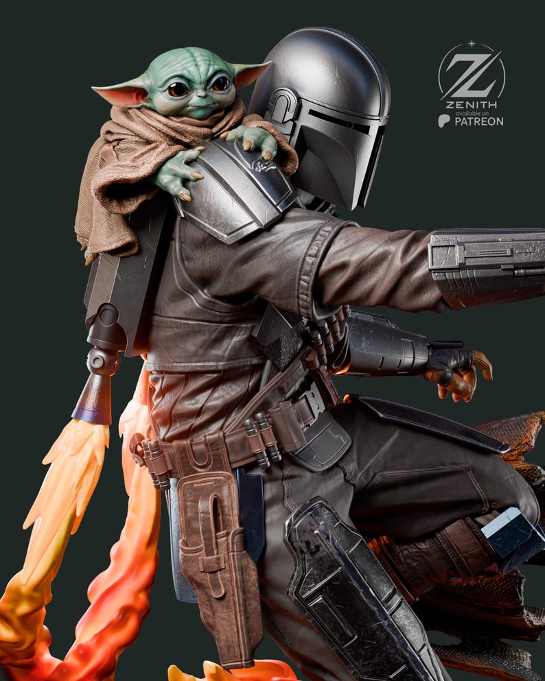 K&ouml;nnte beinhalten: Detaillierte Figur von The Mandalorian mit Grogu. The Mandalorian tr&auml;gt einen silbernen Helm und braune R&uuml;stung, mit einem Jetpack, der orangefarbene Flammen ausst&ouml;&szlig;t. Grogu sitzt auf seiner Schulter, eingeh&uuml;llt in einen braunen Umhang. Das Zenith Patreon-Logo ist sichtbar.