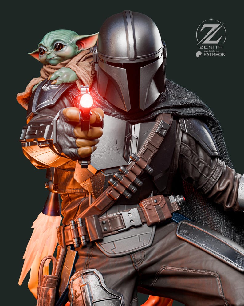 K&ouml;nnte beinhalten: Detaillierte Figur des Mandalorianers, der einen Blaster mit rotem Licht h&auml;lt, mit Grogu, auch bekannt als Baby Yoda, auf seiner Schulter. Der Mandalorianer tr&auml;gt einen silbernen Helm und R&uuml;stung mit einem dunklen Umhang. Das Bild hat einen dunkelgr&uuml;nen Hintergrund.