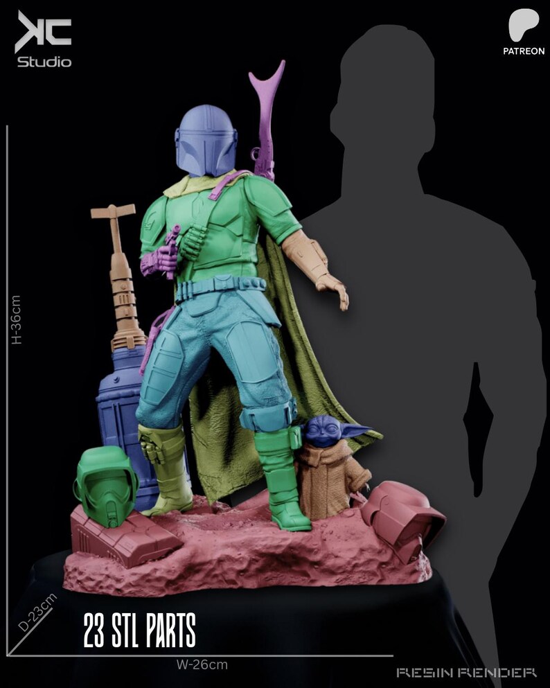 May include: A colorful resin figure of a character in green, blue, and purple armor, with a cape and a weapon. The figure is standing on a reddish-brown base with a small green figure. The base is 23 cm deep and 26 cm wide, and the figure is 36 cm tall. The text "23 STL PARTS" is visible.