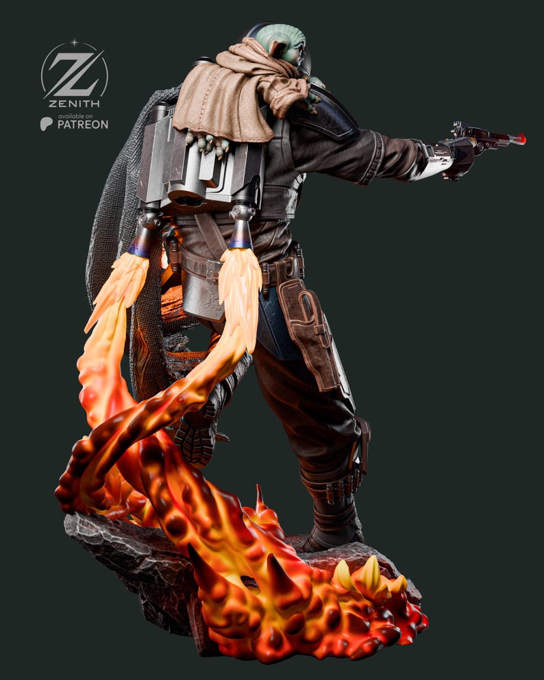 K&ouml;nnte beinhalten: Detaillierte Figur einer Figur in einem dunkelbraunen und schwarzen Outfit, die eine Blasterpistole mit roter Spitze h&auml;lt. Die Figur hat ein Jetpack und steht auf einer Basis mit orangefarbenen und gelben Flammen. Das Zenith-Logo ist sichtbar.