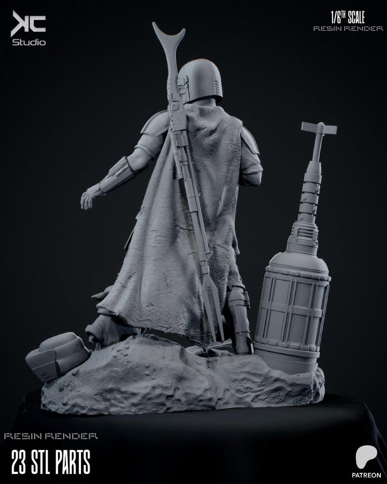 May include: A gray resin render of a Mandalorian figure, posed with a rifle and a cylindrical object. The figure is on a rocky base. The text "23 STL PARTS" is visible.