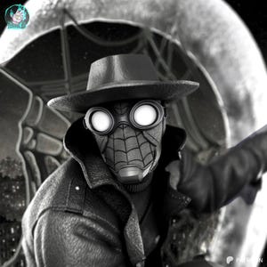 Pu&ograve; includere: Illustrazione in bianco e nero di un personaggio che indossa un fedora, occhiali e una maschera con un disegno a ragnatela. Il personaggio indossa anche un cappotto lungo. L'immagine ha uno stile fumettistico o graphic novel.