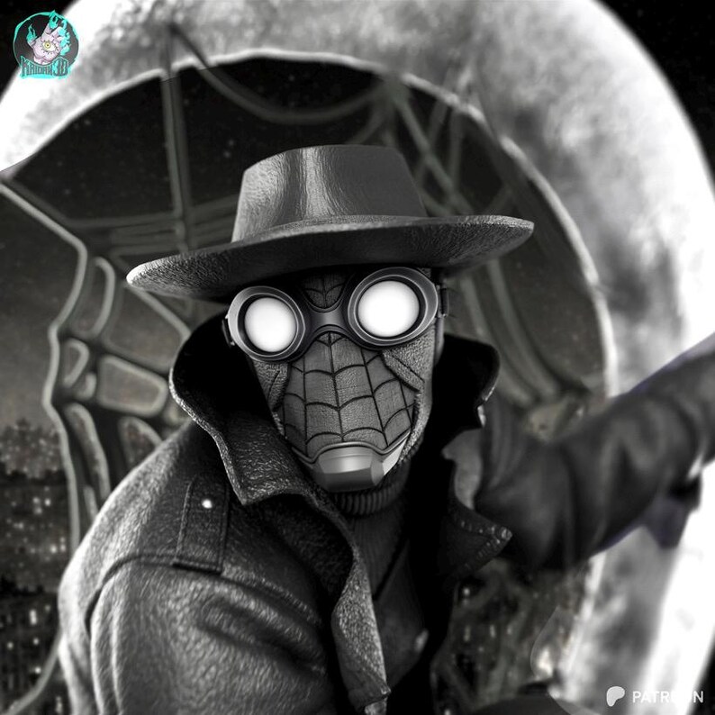 Pu&ograve; includere: Illustrazione in bianco e nero di un personaggio che indossa un fedora, occhiali e una maschera con un disegno a ragnatela. Il personaggio indossa anche un cappotto lungo. L'immagine ha uno stile fumettistico o graphic novel.