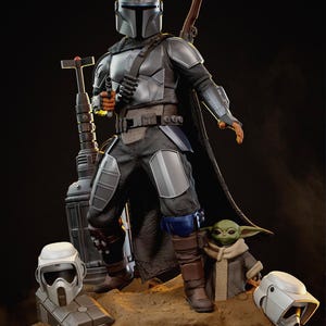 May include: A detailed figurine of The Mandalorian in silver and black armor, holding a blaster. A green Grogu figure stands nearby, along with two white helmets and a large weapon. The KC Studio logo is in the top left corner.