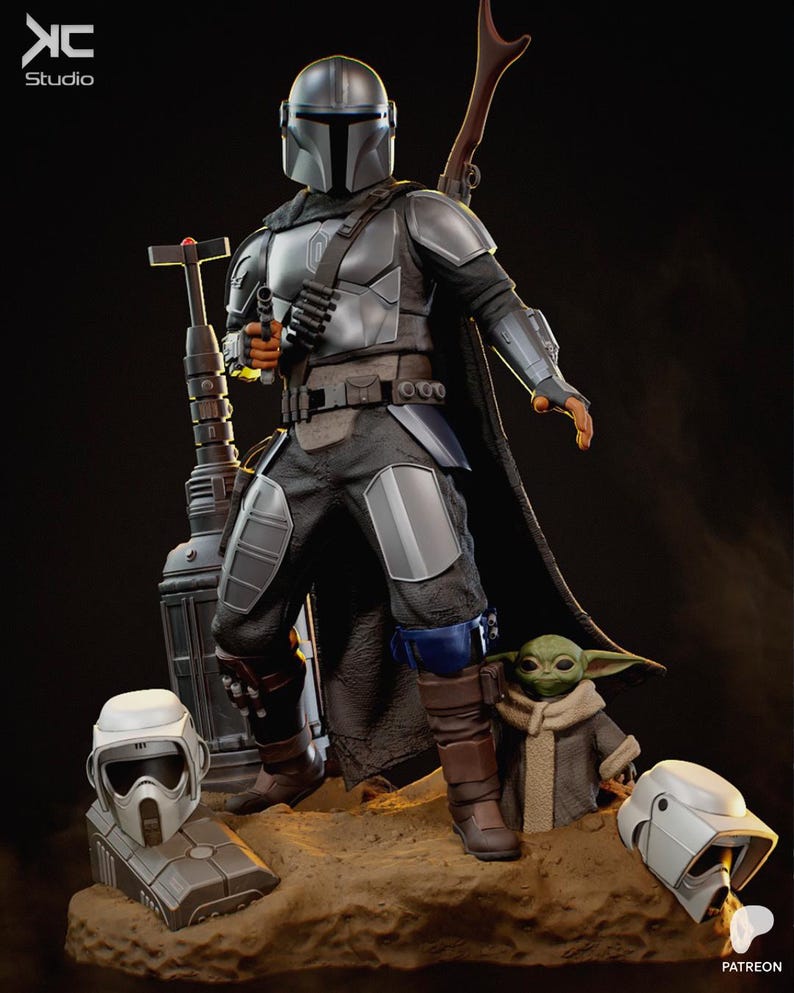 May include: A detailed figurine of The Mandalorian in silver and black armor, holding a blaster. A green Grogu figure stands nearby, along with two white helmets and a large weapon. The KC Studio logo is in the top left corner.