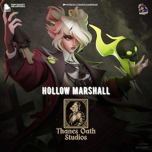 Puede incluir: Ilustración digital de un personaje llamado "Hollow Marshall". El personaje tiene cabello blanco y rubio, lleva un abrigo rojo oscuro y sostiene una llama verde con forma de calavera. La imagen incluye el texto "Thanes Oath Studios."