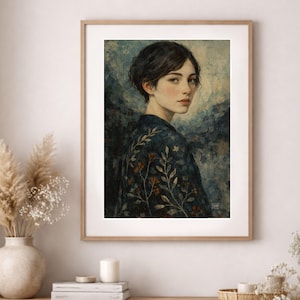 May include: A framed art print. The portrait depicts a person with dark hair, looking over their shoulder. They wear a dark blue garment with an orange and white floral pattern. The background has a textured, painterly appearance, with a blue and grey palette.