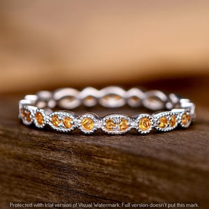Alianza de boda apilable de citrino en oro blanco de 14 k, plata de ley 925, piedra preciosa amarilla, alianza a juego.
