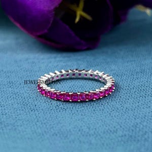 Princess Cut Ruby Birthstone Full Eternity Stackable Band, Sterling 925 Silver Women's Wedding Jewelry
