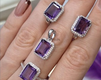 Conjunto de joias em prata de lei 925 com ametista roxa em formato de cluster, presente perfeito para mulheres que nascem em fevereiro.
