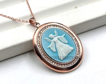 Spiritual Protection Necklace Jewelry, Blue Guardian Angel with CZ-Diamond Accent Cameo Pendant, Bestfriend Gift