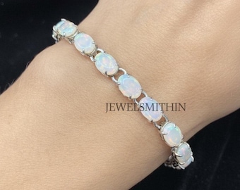 White Opal Adjustable Bracelet, Sterling 925 Silver, October Birthstone, Fashion Jewelry, Gift for her