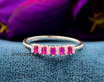 14k Gold Plated Ruby & Moissanite Diamond Band, Handmade Fine Jewelry, Dainty Cluster Baguette Ring